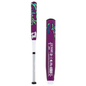 Front and close-up views of a purple DeMarini Spryte -12 fastpitch bat featuring teal graphics, a white patterned grip, and certification logos like USA and 1.20 BPF.