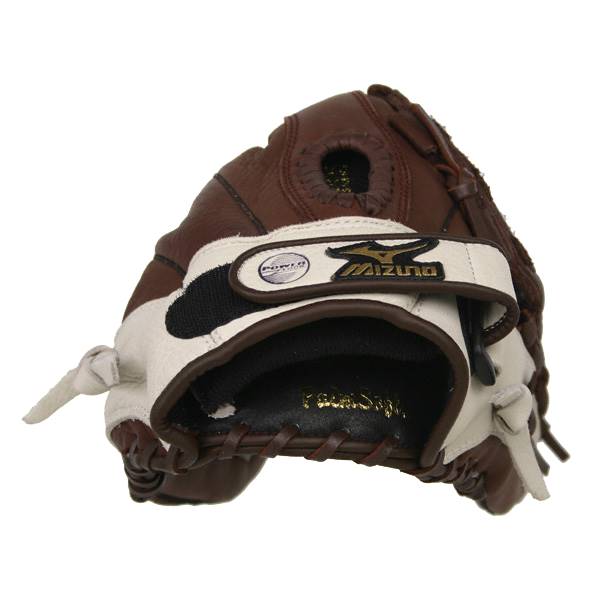 Back view of a brown and white softball glove with Mizuno branding and PowerClose text.