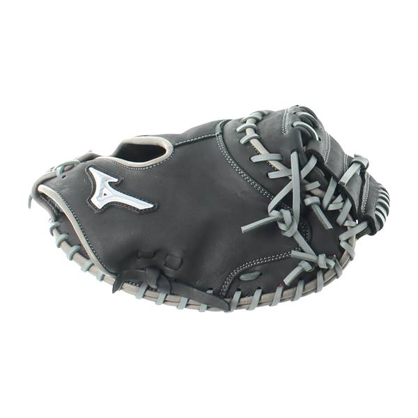 Side view of a black catchers mitt with light gray lacing and a silver Mizuno logo.