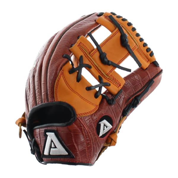 Front view of a brown baseball glove with orange accents and a textured pattern.