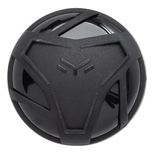 Top-down view of a black baseball bat end cap with a geometric pattern and a central logo.