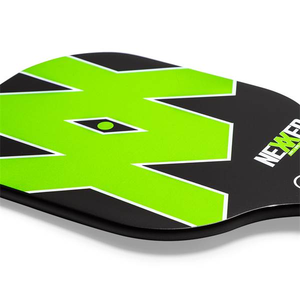 Corner view of a black pickleball paddle with a large neon green zigzag design and NEXXED text.