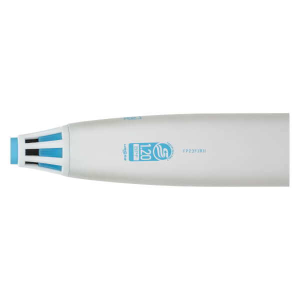 Close-up side view of a white fastpitch softball bat with a light blue vented end cap and BPF 1.20 stamp.