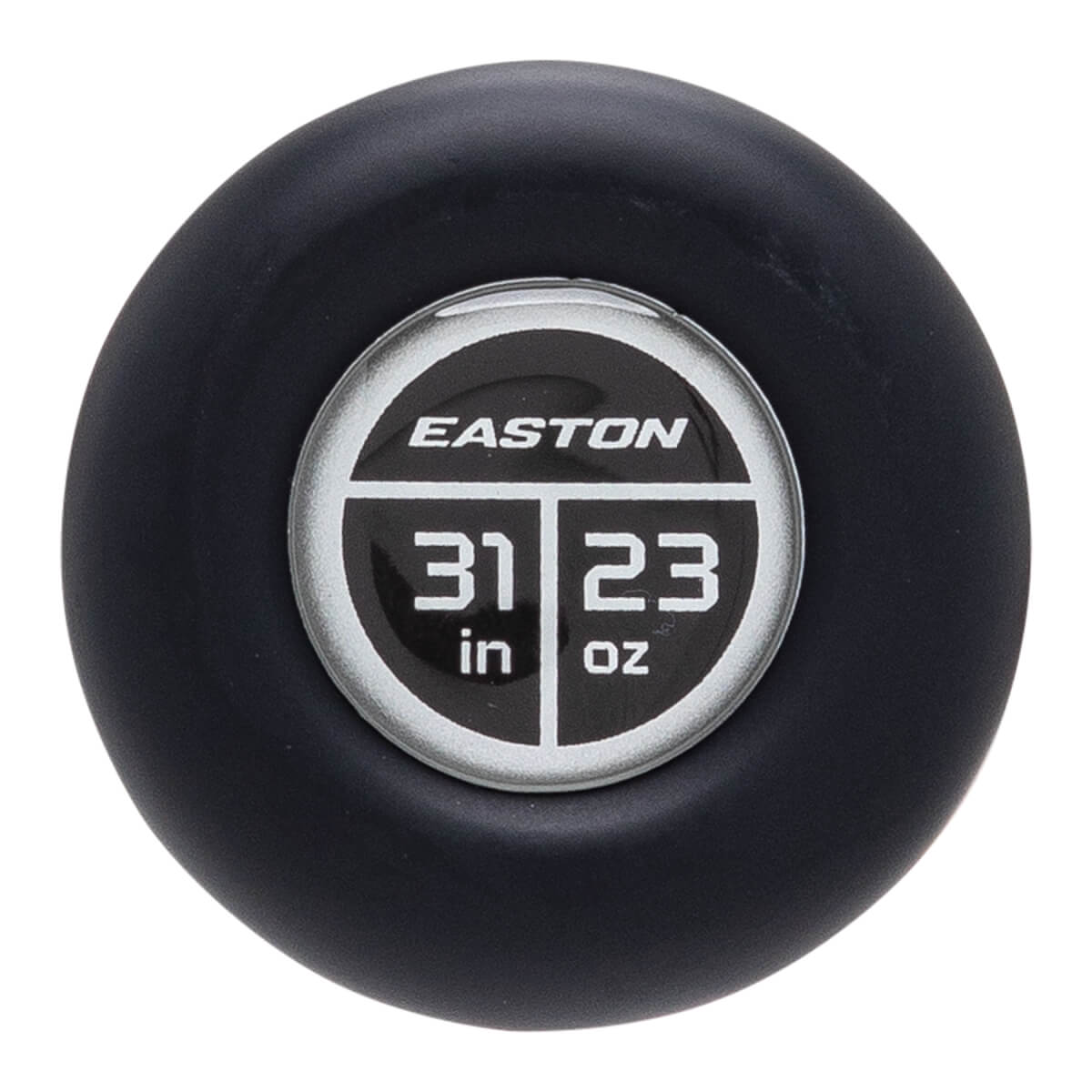 End cap view of a black Easton baseball bat with 31 in and 23 oz markings.