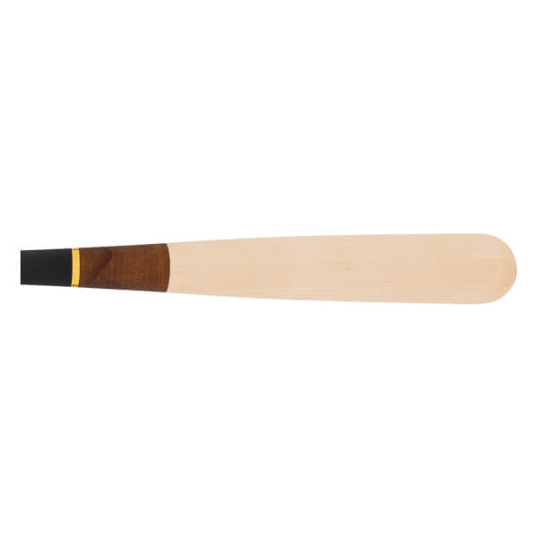 Side view of a light wood baseball bat with a dark brown handle transition and black grip end with a gold ring.