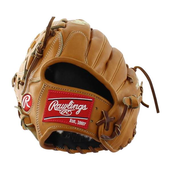 Front view of a tan baseball glove with a red Rawlings logo and Est. 1887.