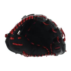 Top-down view of a black baseball glove with red stitching and Rawlings logo.