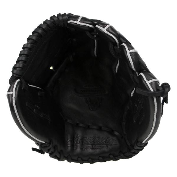 Top-down view of a black baseball glove with white lacing and the Akadema logo.
