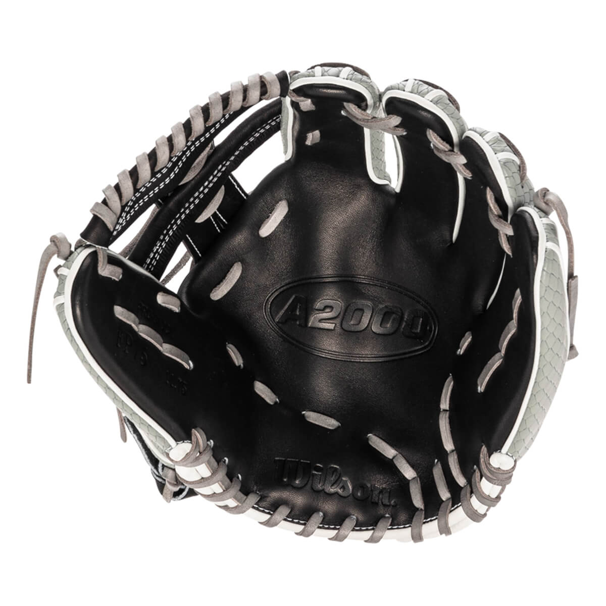 Front view shows the black leather palm with grey lacing and a grey snakeskin shell, featuring the A2000 and Wilson logos embossed in the center.