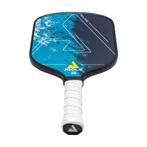 Front view of a blue and black pickleball paddle with a white grip and JOOLA branding.