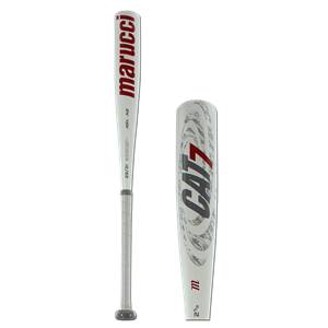 Side view of a white baseball bat with red marucci text and CAT 7 graphic.