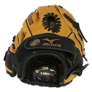 Front view of a tan and black youth baseball glove with Mizuno branding and Butter Soft Lining text.