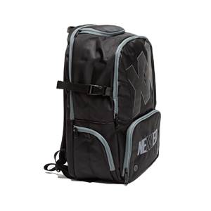 Side view of a black backpack with grey trim, a large NX logo, and NEXXED text.