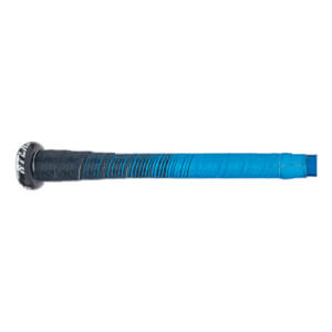 Close-up of the bat handle and knob featuring a black to light blue patterned grip with ATLAS on the knob and Louisville Slugger embossed on the blue wrap.
