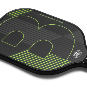 Top-down view of a black pickleball paddle with a large green B logo, diagonal stripes, and USA Pickleball Approved stamp.