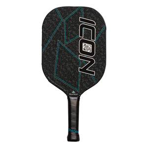 Front view of a black pickleball paddle with a geometric design, ICON text, and Diadem branding.