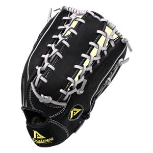 Top-down view of a black baseball glove with white stitching, yellow accents, and the Akadema logo.