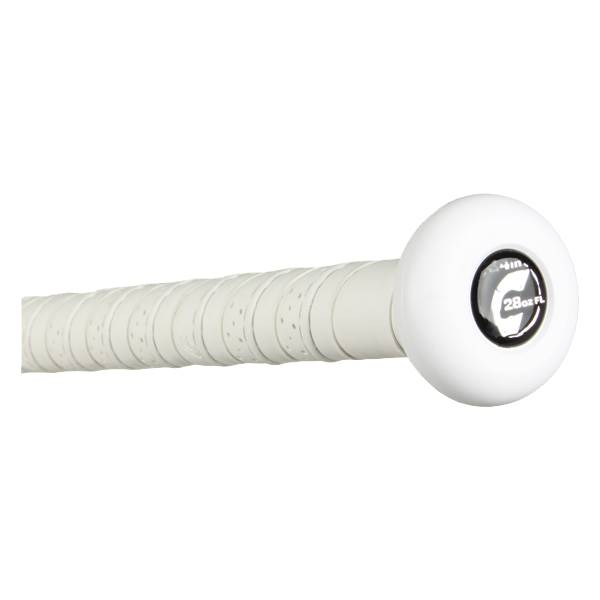 Close-up of a white softball bat grip with a black end cap featuring a white G logo and 28oz FL.