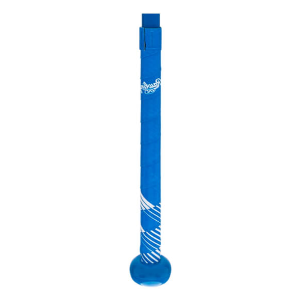 Close-up of a blue fastpitch softball bat grip with white stripes and Rawlings logo.
