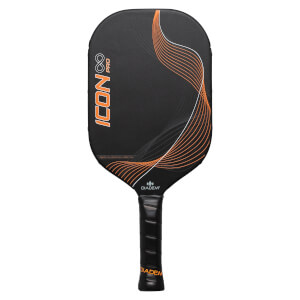 Front view of a black pickleball paddle with orange and white wavy lines and ICON PRO text.
