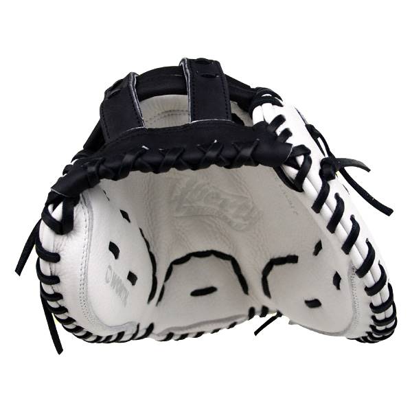 Interior view of a white and black catchers mitt with WORTH embossed on the palm.