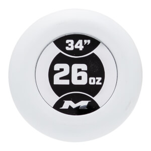 Top-down view of the white bat knob featuring a black and silver decal that displays the text 34" and 26 oz above a stylized M logo.