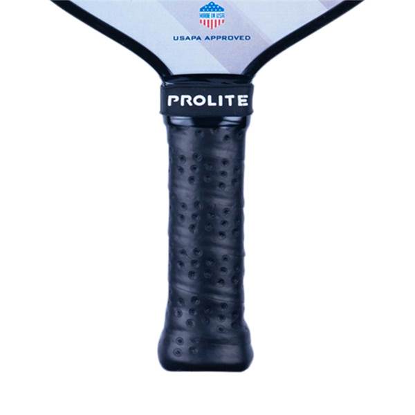 Close-up of a black pickleball paddle grip with a perforated texture and PROLITE branding.