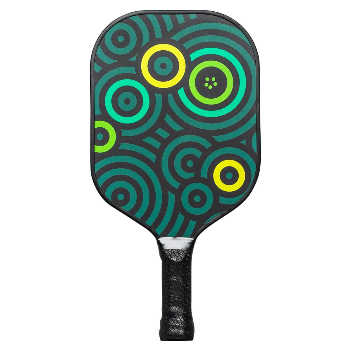 Front view of a black pickleball paddle with a teal and yellow concentric circle pattern and a black grip.