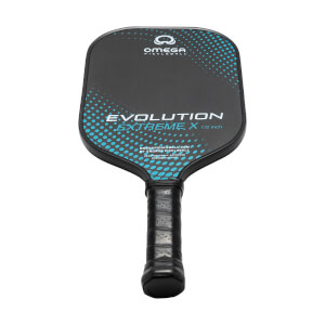 Front view of a black pickleball paddle with blue dot pattern and EVOLUTION EXTREME X text.