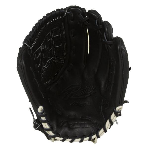 Top-down view of a black baseball glove with white stitching and Mizuno Premier embossed on the palm.