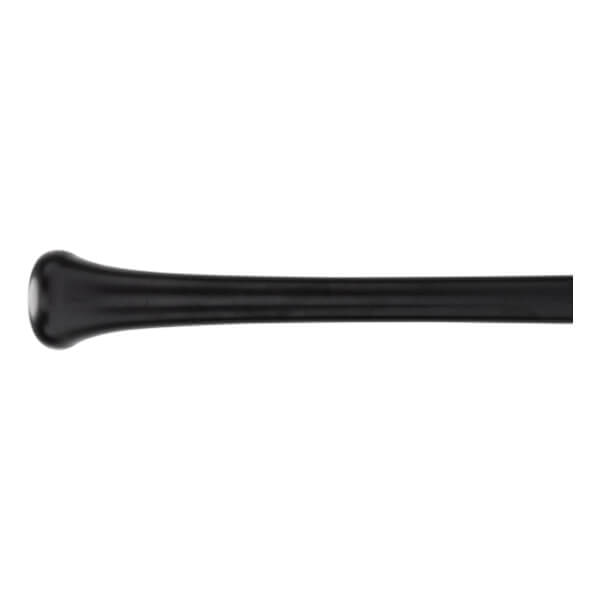 Side view of a black baseball bat with a flared knob and smooth barrel.