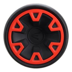 Top-down view of a black baseball bat end cap with red accents and an Easton logo.