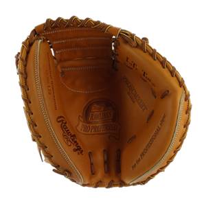 Inside view of a tan Rawlings Pro Preferred catchers mitt with PROSCM33RT and For the PROFESSIONAL player text.