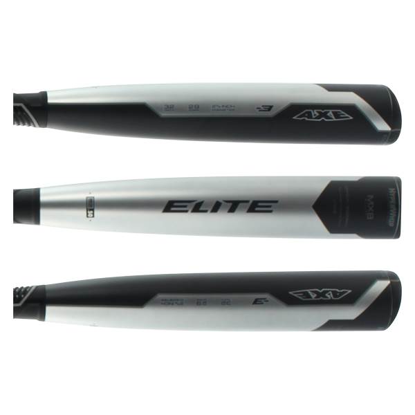 Side view of a silver and black Axe Elite baseball bat with ELITE and AXE branding.