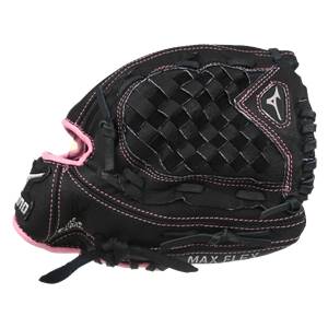 Side view of a black fastpitch mitt with pink stitching, a woven web, and MAX FLEX text.