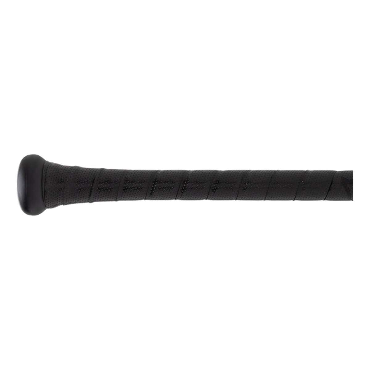 Side view of a black baseball bat handle with a textured, spirally wrapped grip tape and a rounded knob.
