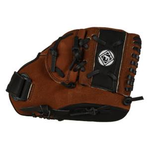 Top-down view of a brown baseball glove with black lacing and a white logo patch.