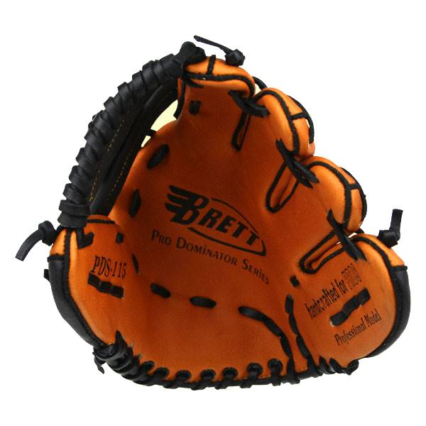 Front view of an orange baseball glove with black lacing, BRETT Pro Dominator Series text, and PDS-115 label.