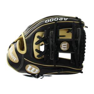 Side view of a black baseball glove with gold accents, Wilson text, and A2000 branding.