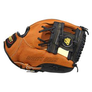 Side view of a tan baseball glove with black lacing and BRETT BROS branding.