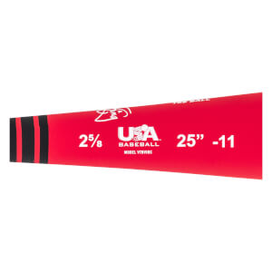 Side view of a red baseball bat with black stripes, USA Baseball logo, and 25\ -11 markings.