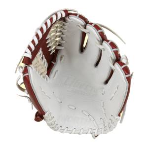Inside view of a maroon and white baseball glove with Liberty Advanced Series and WORTH visible.