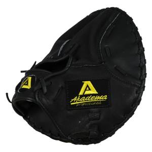Top-down view of a black baseball glove with a yellow A logo and Akadema professional text.