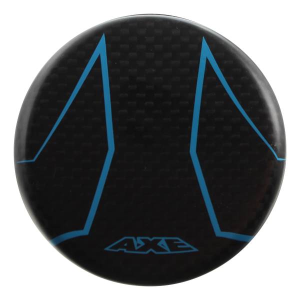 End view of a black baseball bat with blue geometric lines and the word AXE.