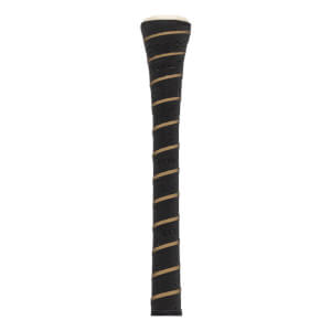 Close-up of a black perforated baseball bat grip with tan spiral wrapping, a white end cap, and embossed TRUE text.