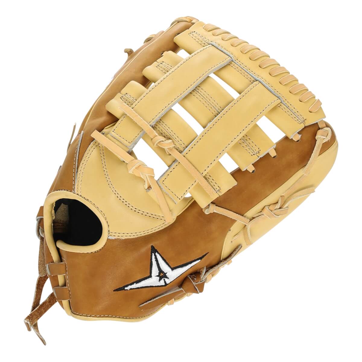 Top-down view of a brown and tan softball glove with a white star logo and tan lacing.