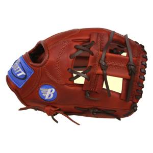 Side view of a brown baseball glove with a blue BRETT patch and a white B logo.