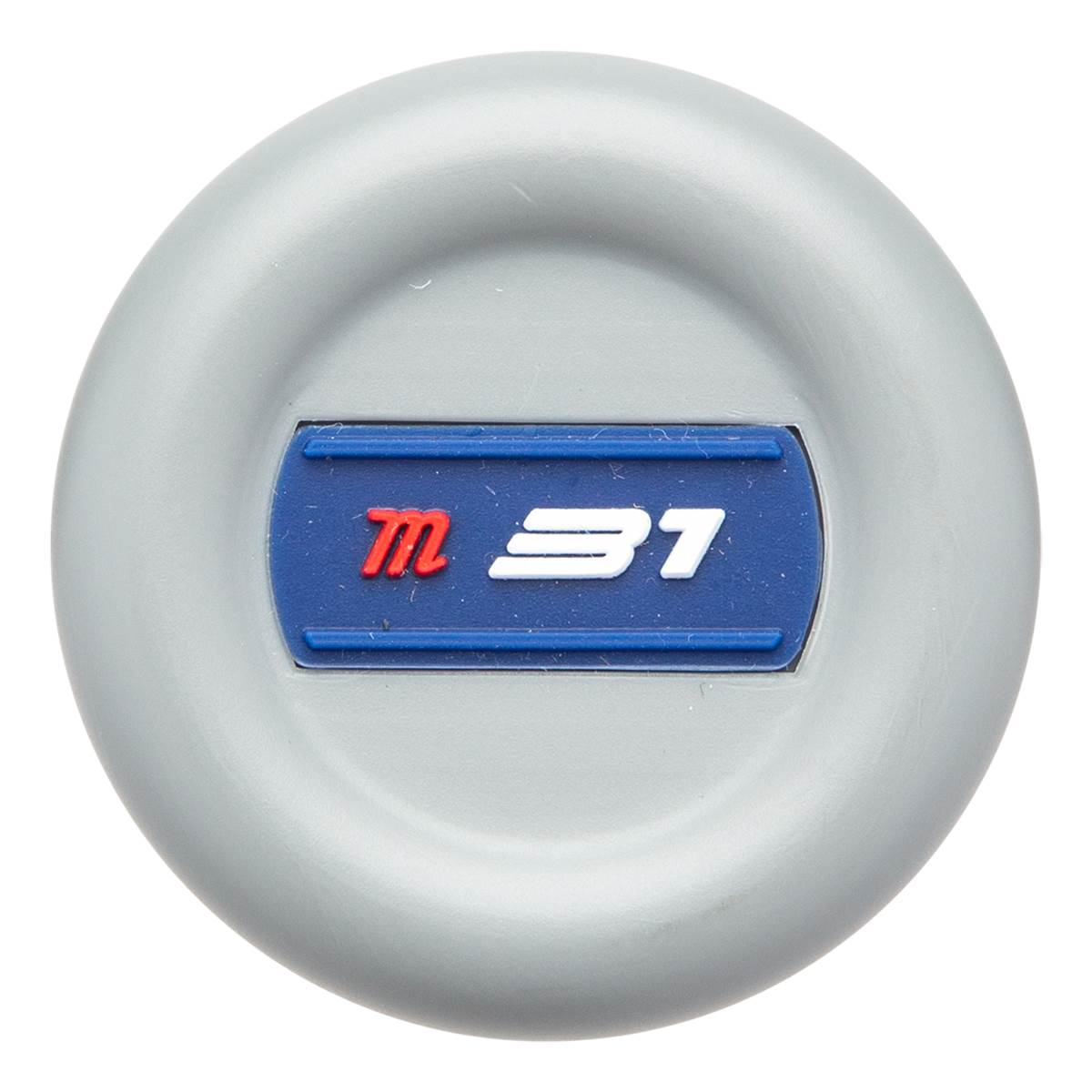 Top-down view of a silver baseball bat end with a blue rectangle containing red m and white 31 logos.