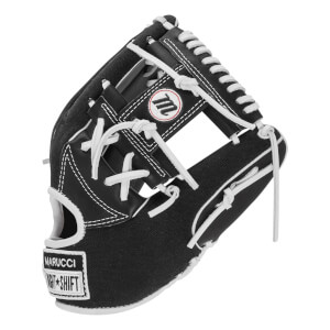 Angled front view of a black baseball glove with white laces, featuring a circular M logo on the web and a wrist patch with the words MARUCCI and NIGHT SHIFT.