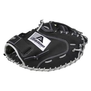 Side view of a black catchers mitt with white stitching and an Akadema Professional logo.